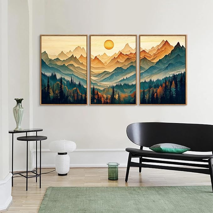 Tinonedraw Large Mountain Framed Canvas Wall Art Set of 3, Boho Nature Forest Wall Decor, Neutral Wooden Pine Trees Artwork, Sunrise Ridge Landscape Art Printing for Living Room Bedroom Office 24"x36"