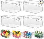 Clear Plastic Storage Bins, 4 Pack Pantry Organizers & Storage Containers, Cabinet Organizer, Home Organization Must Haves for Kitchen, Laundry Room, Office, Closet & Freezer