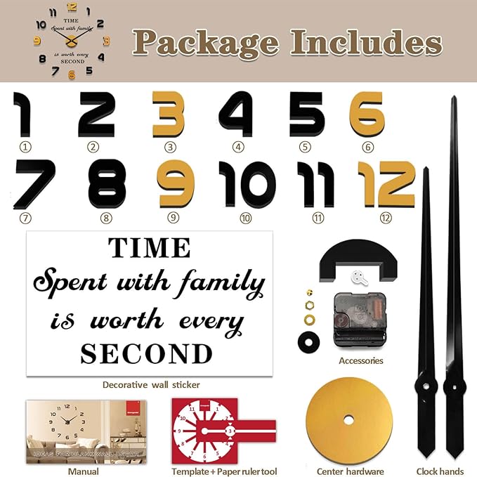 VANGOLD Wall Clock Large Wall Clock for Living Room Decor, Decorative Wall Clocks Battery Operated (Black Gold Wall Decor)