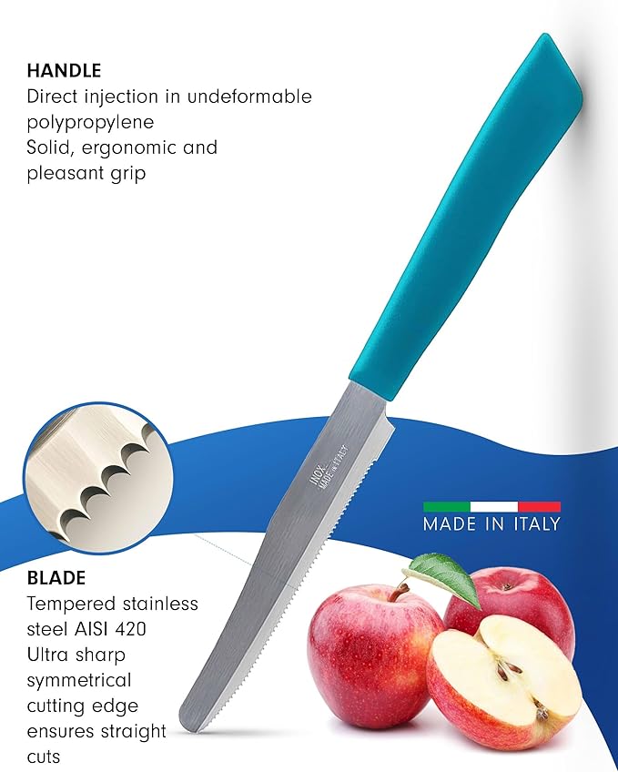 6 kitchen Knives - 4.3"/11cm Italian Stainless Steel Serrated Vegetable/Steak/Table Knife Cutlery, Rounded Tip (Red)