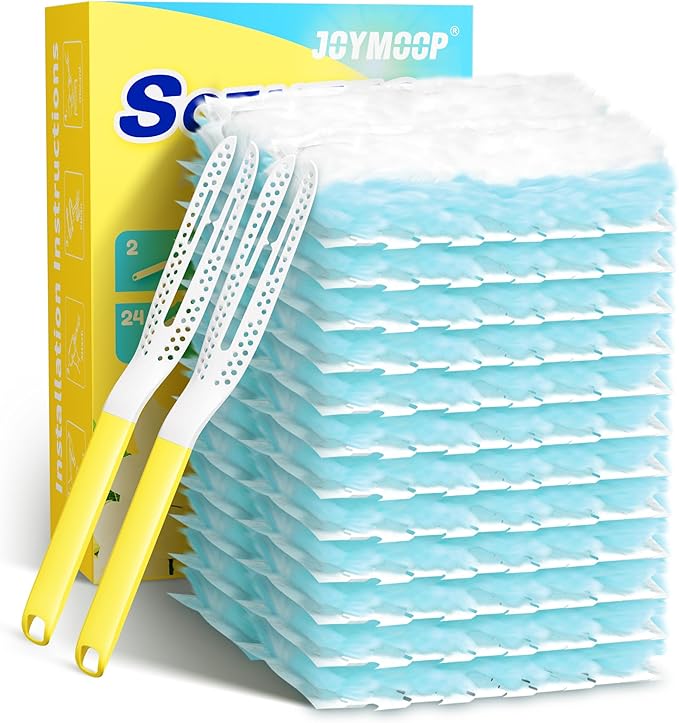 JOYMOOP Disposable Duster for Cleaning, with 2 Handles & 24 Ct Yellow Heavy Duty Refills for Swiffer Feather Duster, Household Cleaning Tool for Electronics, Dusting Furniture, Blinds