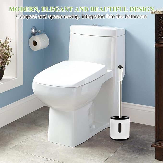 Toilet Brush and Holder, Compact Size Toilet Bowl Brush with Stainless Steel Handle, Small Size Plastic Holder Easy to Hide, Space Saving for Storage, Drip-Proof, Easy to Assemble, Deep Cleaning