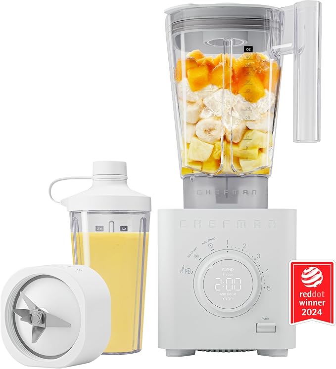 Chefman Obliterator 48 oz Countertop Blender for Smoothies, 1380W Motor to Crush Ice, Nuts, and Frozen Fruit with Stainless Steel Blade, Auto Blend Function, Includes 20 oz Travel Jar
