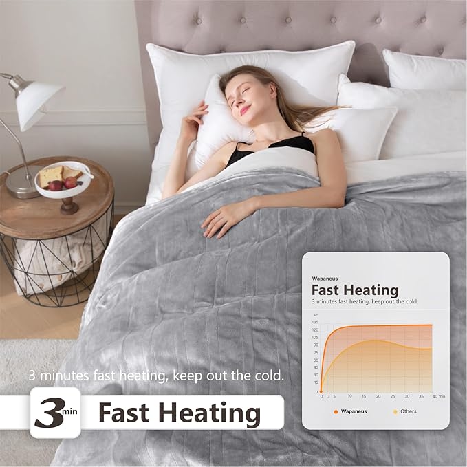 Wapaneus Heated Blanket Electric Queen Size 84"x90"-Dual Control with 10 Heat Levels 12 Timer Settings and 8 Hours Auto-Shut Off,Fast-Heating Electric Blanket,ETL Listed Machine Washable,Light Grey