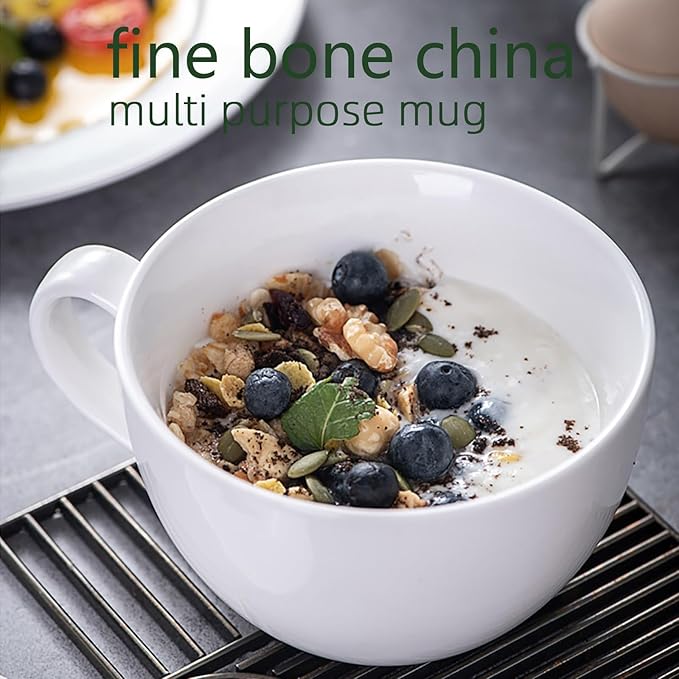 Chulan Extra Large White Bone China Cereal Mugs, 22 oz Ceramic Coffee Mug Set of 6, Latte Mugs Mocha Tea Cup, Jumbo Porcelain Soup Mugs with Big Handle for Desserts Snack, Microwave ＆ Dishwasher Safe