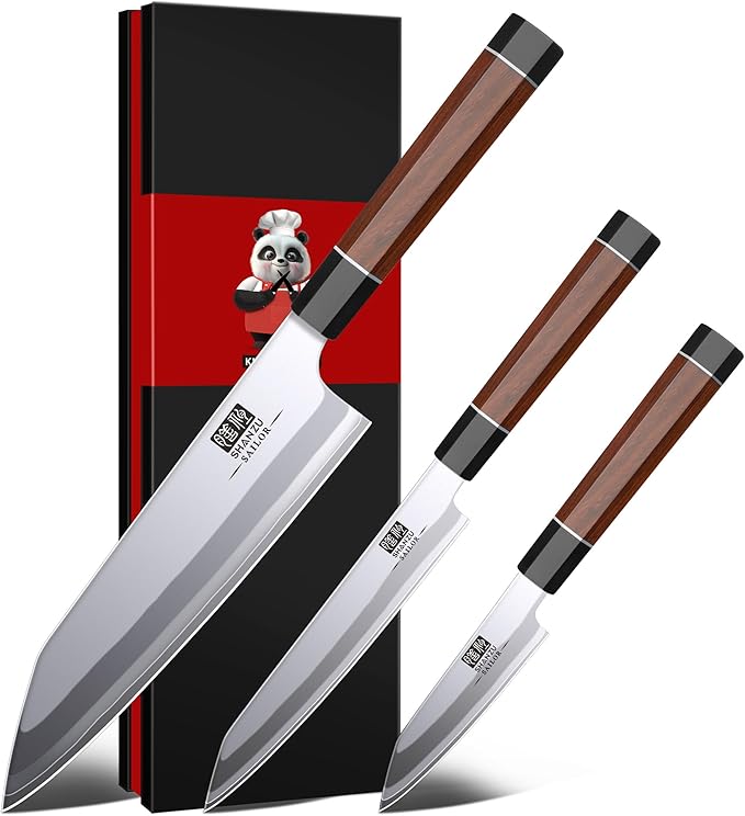 SHAN ZU 3PCS Japanese Knife Set, 9 Layers 10Cr15MoV High Carbon Steel Professional Kitchen Knives, Sharp Chef Knife Set with Ergonomic Red Sandalwood Handle, Cooking & Cutting Knives Set and Gift Box