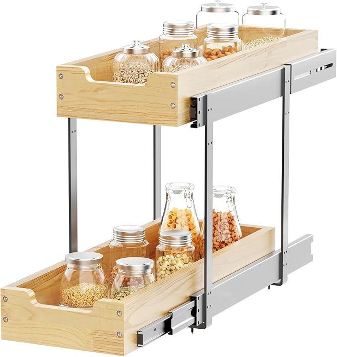 Wood Pull Out Cabinet Organizer 2 Tie 9" W x 21" D, Heavy-Duty Sliding Drawers for Inside Cabinets Storage and Organization for Kitchen, Pantry, Bathroom