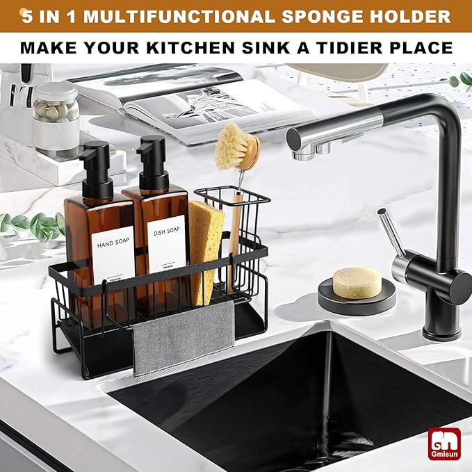 GMISUN Dish Soap Dispenser, 12 Fl oz / 350 ml Dual Soap Dispenser with Sponge Holder, Customized Amber Glass Kitchen Soap Dispensers Set, Modern Hand and Dish Soap Dispensers Set Removable