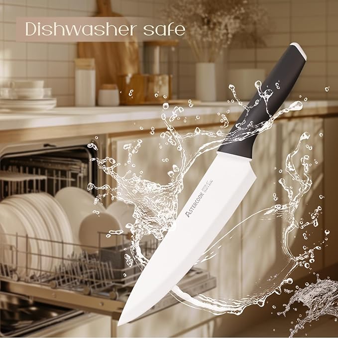 Astercook Knife Set, Kitchen Knives with Block and Sharpener Ceramic Coating 15 Pcs German Stainless Steel Knives Sharp Blade Dishwasher Safe Kitchen Utensils Set with Ergonomic Handle, Elegant Black
