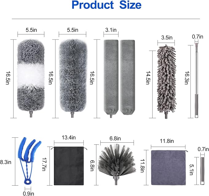 Microfiber Duster Kit (11PCS) - Washable Dusters with Extension Pole (30 to 100 in) for Cleaning Ceilings, Fans, Furniture