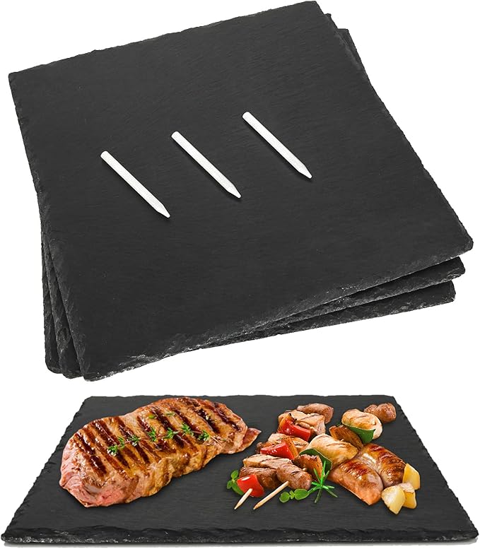 3PCS 12x12 Inch Large Slate Cheese Board with 3PCS Soapstone Chalks, Black Charcuterie Cutting Board Plates, Natural Stone Gourmet Serving Platter Tray for Cheese Sushi Pastry Bread Snack Meat Pastry