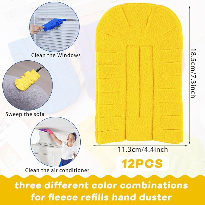 Zubebe 12 Pcs Duster Refill Reusable Fleece Duster Refills Feather Flat Dusters Multi Surface Washable Cleaning Pads Tools for Home, Blinds, Car, Pet, Furniture, Fans (Purple,Blue,Yellow)