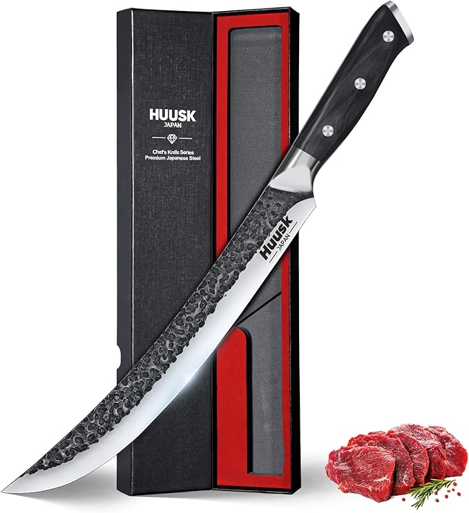 Huusk Butcher Knife for Meat Cutting, 10 Inch Brisket Knife, Multifunction Carving Knives with Wood Handle, Japanese Slicing Knives for Meat Cutting, BBQ, Turkey, Ideal for Gift