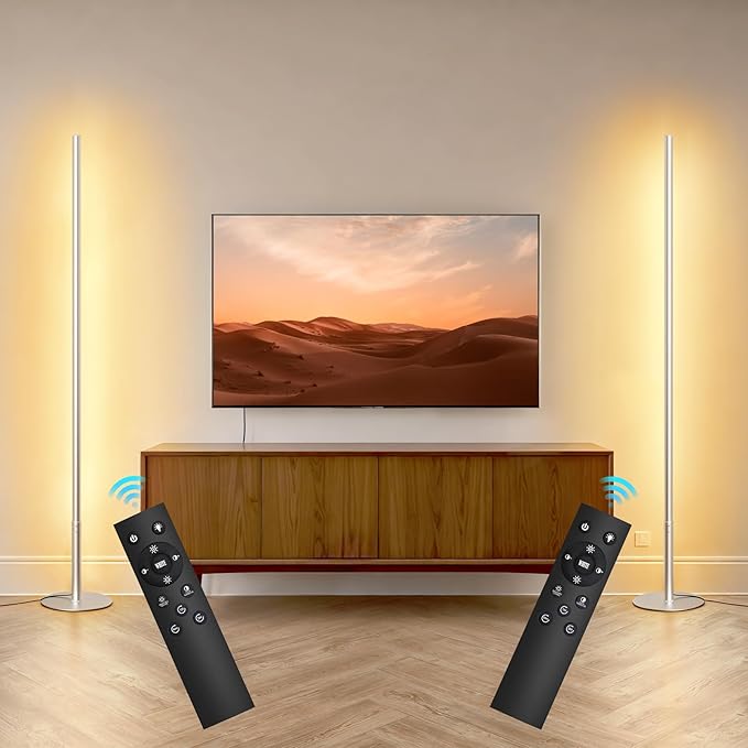 LED Corner Floor Lamp, Set of 2 Minimalist Dimmable Light with Remote, 2700-6500k Color Temperature Stepless Adjustable, 58" Tall Standing Lamp for Living Room, Bedroom, Office, Silver