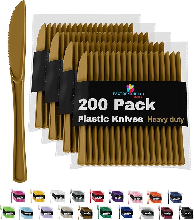 Party Solids Gold Plastic Knives 200 Pieces Disposable Utensils Heavy Duty Cutlery Set Flatware Silverware for Party Supplies & Tableware