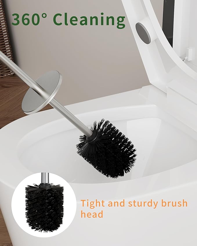 Toilet Brush and Holder Set, Toilet Bowl Brush for Bathroom with Long Handle, Stainless Steel Toilet Cleaner Brush with Durable Scrubbing Bristles,Splash-Proof (Brushed Nickel)