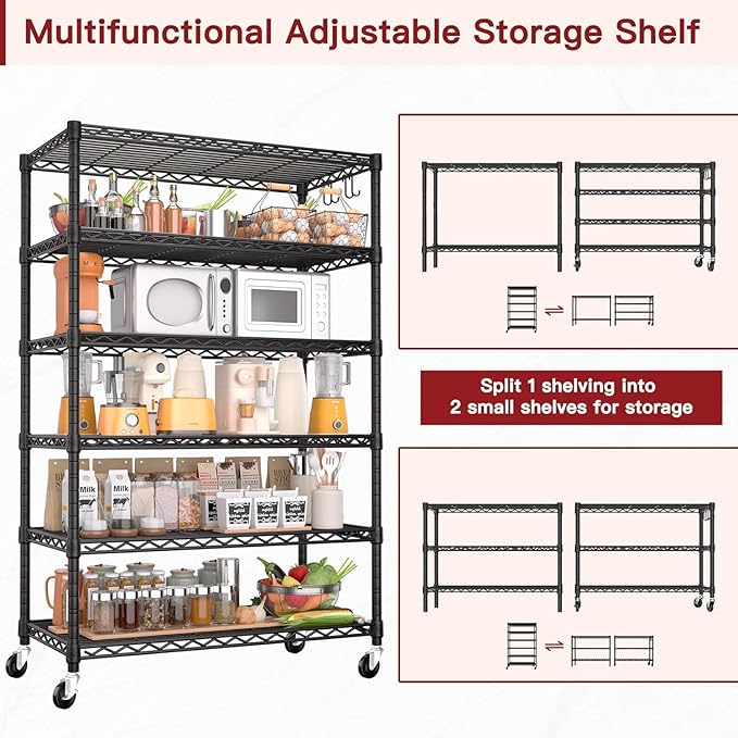 PrimeZone 6 Tier Wire Shelving with Wheels,Metal Shelf Heavy Duty Adjustable Kitchen Storage Shelves Unit, Pantry Organizer Rack Rolling for Garage Closet Laundry 36" W x 16" D x 79" H 2 Pack