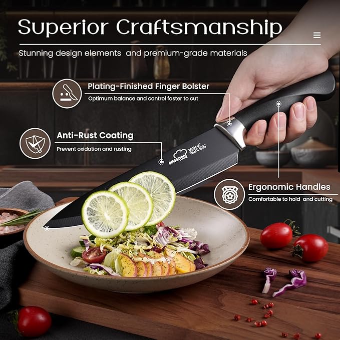 Knife Set, Amorston 21 Pieces Kitchen Knife Set with Block and Sharpener, Ultra-Sharp Knives Set with Ergonomic Handles, Black German Stainless Steel Knife Block Set, Dishwasher Safe
