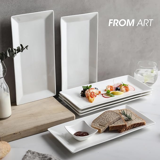 Rectangular Serving Platters Set, 12 Inch Large Ceramic Serving Plates, Stackable Serving Tray, Porcelain White Serving Platter for Appetizer, Sushi, Dessert, Snacks, Steak, Dishwasher Safe (4PCS)