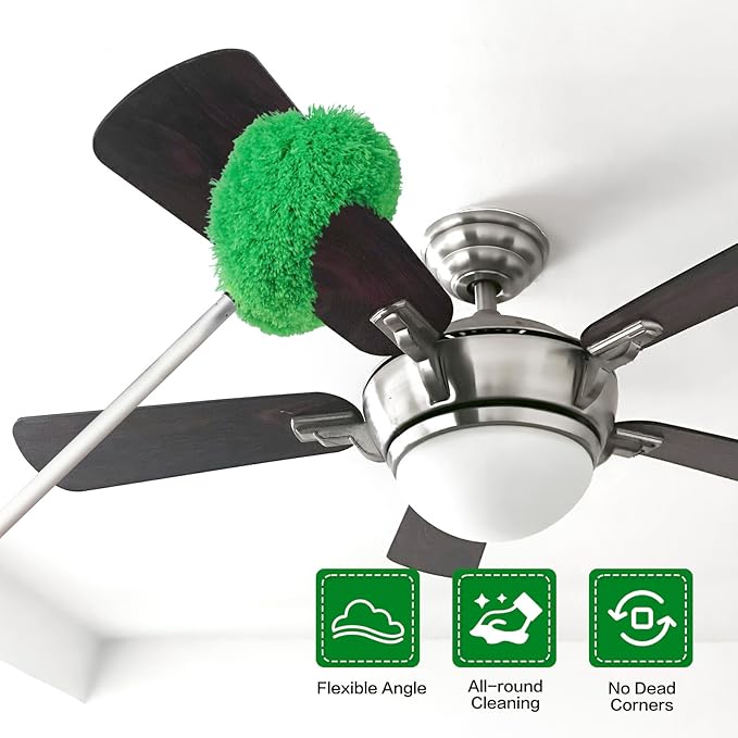 Ceiling Fan Cleaner Duster Reusable Microfiber Ceiling Fan Blade Cleaner Removable Duster with Extension Pole Adjusts 13 to 49.7 Inch for Cleaning Walls Bookshelves Furniture Door Window Top (Green)