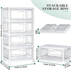 Clear Storage Bins with Lids,4 Tier Plastic Bins with Wheels,Stackable Storage Bin,Closet Organizers Box for Bedroom,Living Room,Toy,23 QT Folding Box with Magnetic door