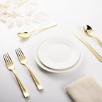 144 Pack Gold Premium Plastic Cutlery Disposable Silverware Set - 48 Forks, 48 Knives, 48 Spoons - For Catering, Parties, Dinners, Weddings, and Everyday Use, Plastic box packaging