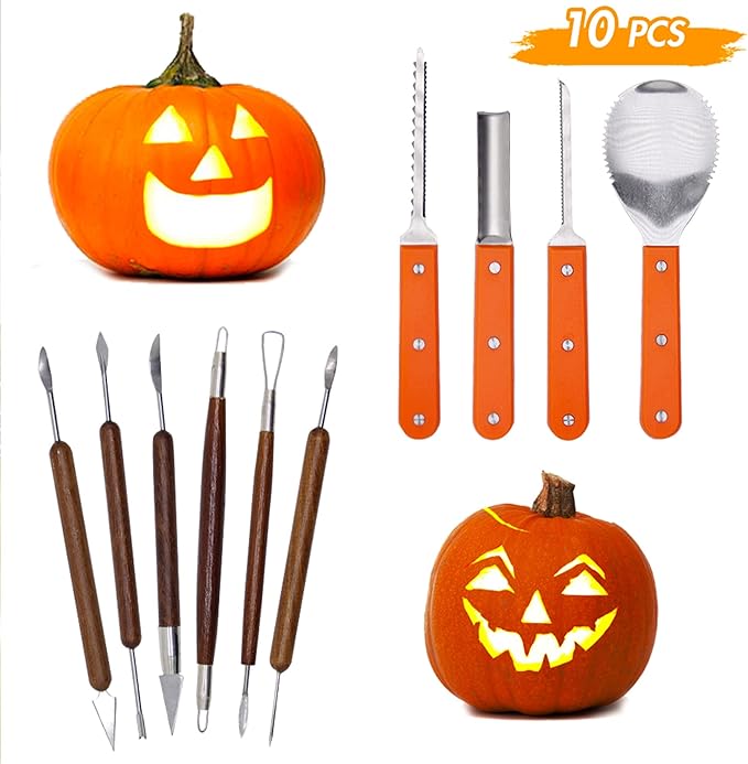Lulu Home Halloween Pumpkin Carving Kit, 10 Pieces Professional Pumpkin Cutting Supplies for Jack-O-Lanterns with Bag