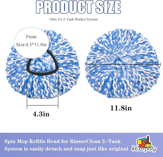 4 Pack Spin Mop Replacement Heads Compatible for O Ceda RinseClean 2 Tank System, Microfiber Mop Refills,Deep Cleaning, with 4.33in Core Base and Handles