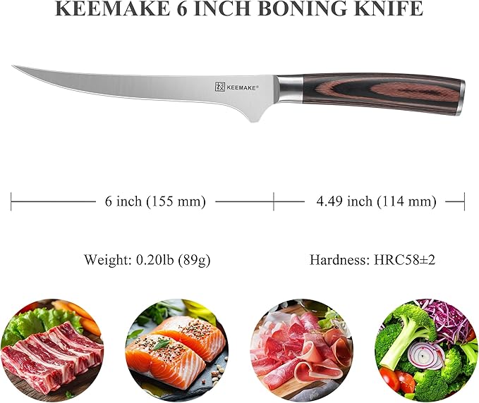 KEEMAKE Boning Knife 6 Inch, Super Sharp Fish Fillet Knife, High Carbon Stainless Steel Deboning Knives, Professional Boning Knives for Meat Cutting Poultry, Pakkawood Handle with Gift Box