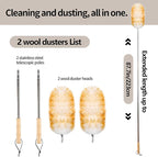Lambswool Duster for Cleaning with Solid Wooden Handle Leather Hang Strap 87.8" Removable Retractable Feather Duster for Cleaning Ceiling Fans Window Blinds Interior Roof Furniture(2 Pack)