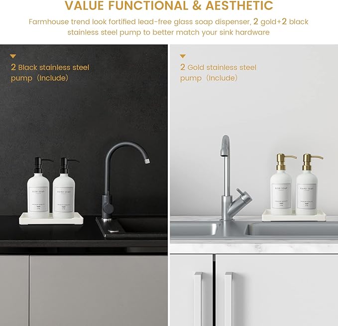 Glass Soap Dispenser for Kitchen Sink,Farmhouse Kitchen Dish Soap Dispenser&Hand Soap Dispenser Set,Rustproof Pump Soap Lotion Dispenser Bathroom with Tray,Waterproof Label for Decor(White