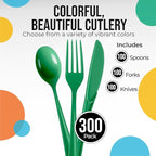 Party Solids Emerald Green Plastic Silverware Heavy Duty 300 Pcs Green Plastic Cutlery Sets, Utensil Sets, 100 Of Each Forks, Knives & Spoons Disposable Cutlery Set, Flatware Set For Party Supplies