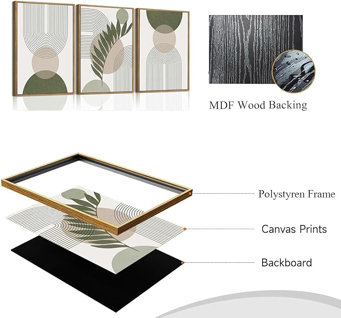 Bwodke Boho Wall Art, Framed Abstract Wall Art, Sage Green Canvas Wall Decor, Mid Century Line Leaf Geometric Pictures Set of 3, Minimalist Paintings, for Bedroom Living Room Bathroom 16"x24"
