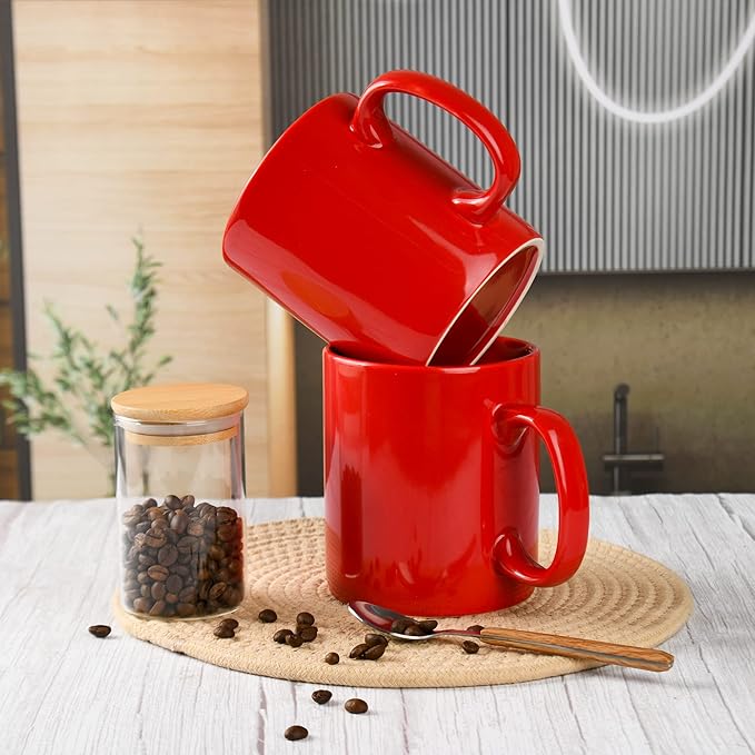 30oz Super Large Ceramic Coffee Mugs Large Handles Set of 2 (Red)