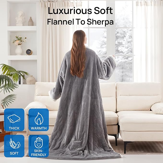 Westinghouse Electric Snuggle Throw Blankets with Foot Pocket, Wearable Heated Blanket with Sleeves, 6 Heating Levels & 2 to 10 Hours Heating Time Settings, 50 * 70"+18", Light Grey
