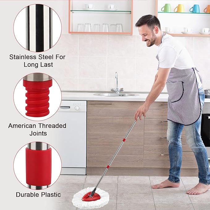 Spin Mop Handle,Head,Base Replacement Compatible with O-Cedar Easywring Microfiber Spin Mop - Replace 30-58in Stick/Pole+5Head Refill+1Base for Ocedar/O Cedar Easy Wring Spinning Mop Only 1Tank System