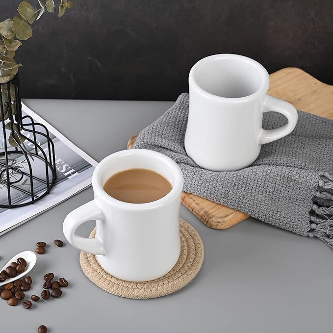 11oz Ceramic Diner Coffee Mug set Stoneware Coffee Cups Set for Restaurant, Diner, Farmhouse, Coffee Shop, Home set of 4 with Coffee spoons and Woven coasters (white)