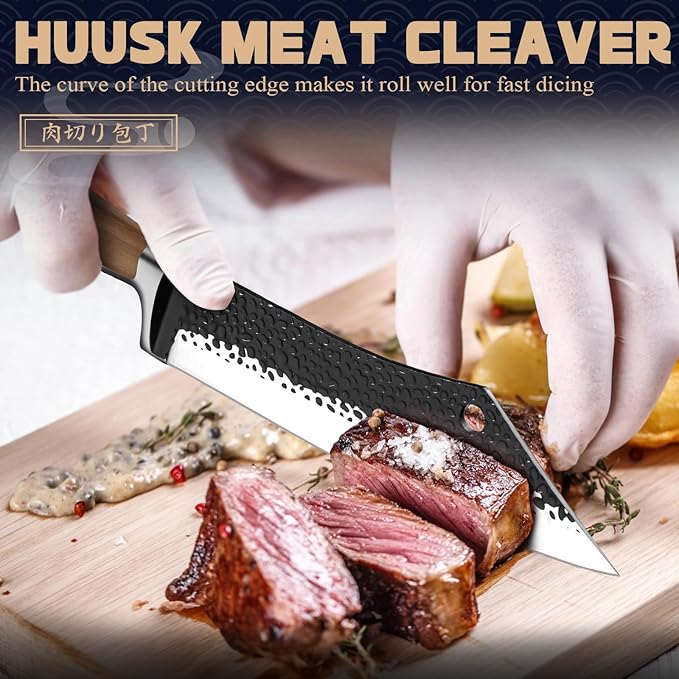 Huusk Meat Cleaver Knife Butcher Knife for Meat Cutting 8.3 inch Japanese Viking Knife Hand Forged Carving Knives for Slicing BBQ Kitchen Cooking with Present Box