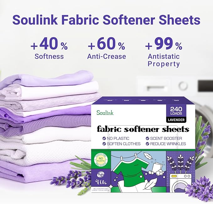 Soulink Fabric Softener Sheets for Washing Machine, No Plastic Jug Soap Strips, Alternative to Fabric Softener Liquid and Pods, Lavender Scent, Up to 240 Loads