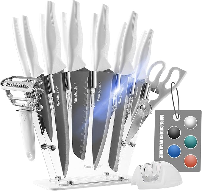 Wanbasion 16Pcs Kitchen Knife Block Set with Sharpener, Sharp Kitchen Knives Set with Block, Stainless Steel Knife Set with Block Dishwasher Safe White