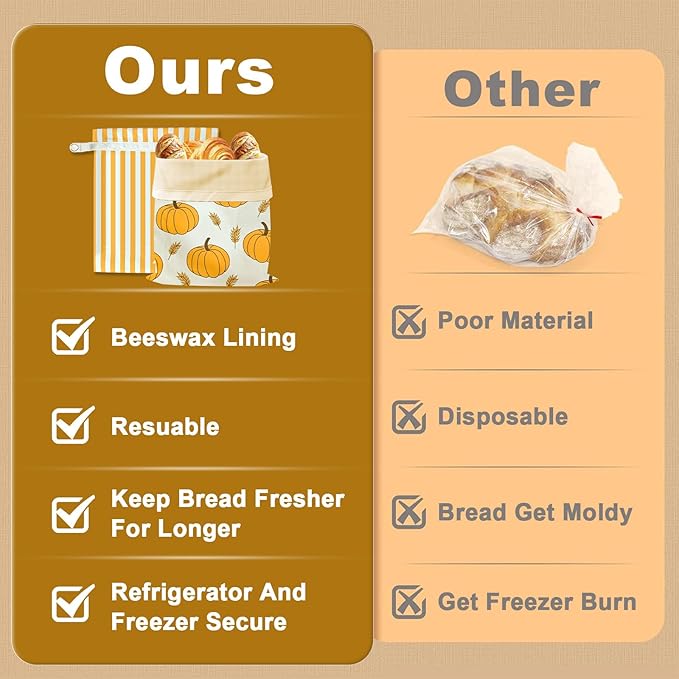 2 Pack Reusable Beeswax Bread Bag for Sourdough & Homemade Bread with Zipper– Beeswax Lined Bread Bags, Plastic-Free Sourdough Bread Storage, Autumn Pumpkin Design for Thanksgiving & Fall Baking