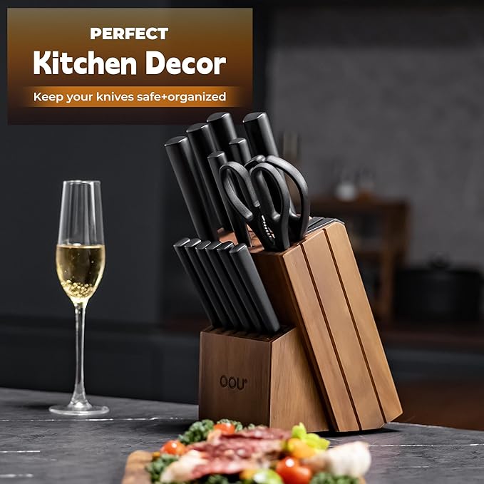 OOU Kitchen Knife Block Set - 15 Pieces High Carbon Stainless Steel Chef Knife Sets, Anti-Rust Black Knives Set with Built-in Sharpener Block, Walnut