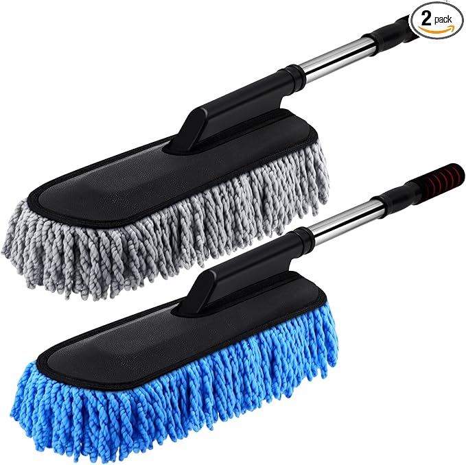 Tanlade 2 Pack Microfiber Car Duster Exterior Scratch Free with Extendable Handle Soft Car Duster Kit for Cleaning Dust Brush Set for Exterior Interior Cleaning Tools (Blue Gray)