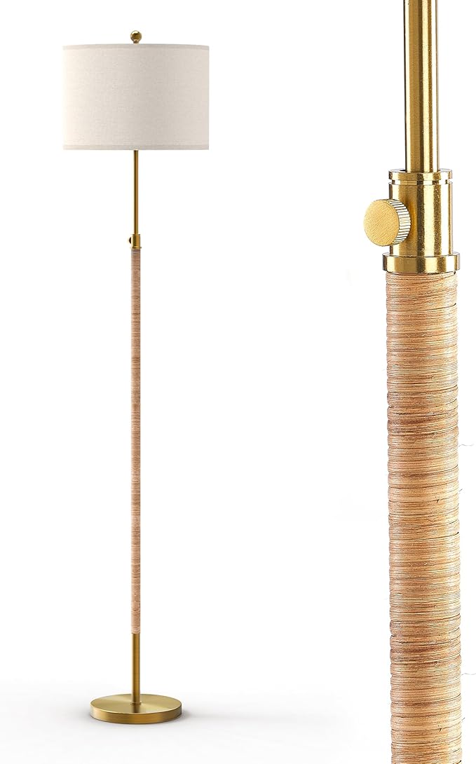 Boho Rattan Floor Lamp for Living Room, Adjustable Height:65"-70" Brass Gold Standing Lamp, Farmhouse Tall Skinny Pole Light with Oatmeal Shade for Bedroom Office