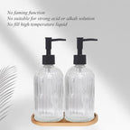 Glass Hand and Dish Soap Dispenser Set of 2 with Plastic Pumps, Bamboo Tray, 13.5oz Clear Bathroom Soap Dispenser with Vertical Stripe for Hand Wash & Dish Wash, Ideal for Bathroom Kitchen Countertop