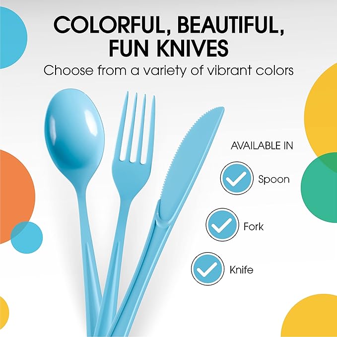 Party Solids Light Blue Plastic Knives 200 Pcs Light Blue Knives Disposable Utensils Heavy Duty Plastic Cutlery Set Disposable Cutlery Set Flatware Set Silverware Set Party Supplies & Party Tableware