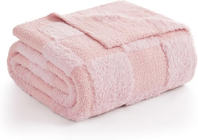 Snuggle Sac Faux Fur Pink Checkered Blanket Twin Size with Soft Knitted Microfiber Fabric,Cozy Soft Warm Blanket for Sofa Bedroom Living Room,Solid Pink,60x80 inches