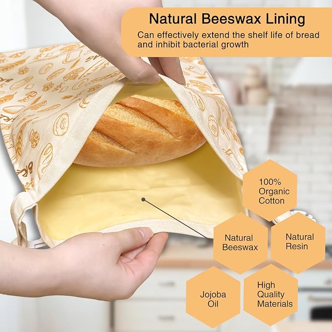 2 PCS Reusable Beeswax Bread Bags for Homemade Bread, Large Capacity Cotton Beeswax Bags, Keep Fresh, Refrigerable, Easy to Clean for Sourdough Storage Baking
