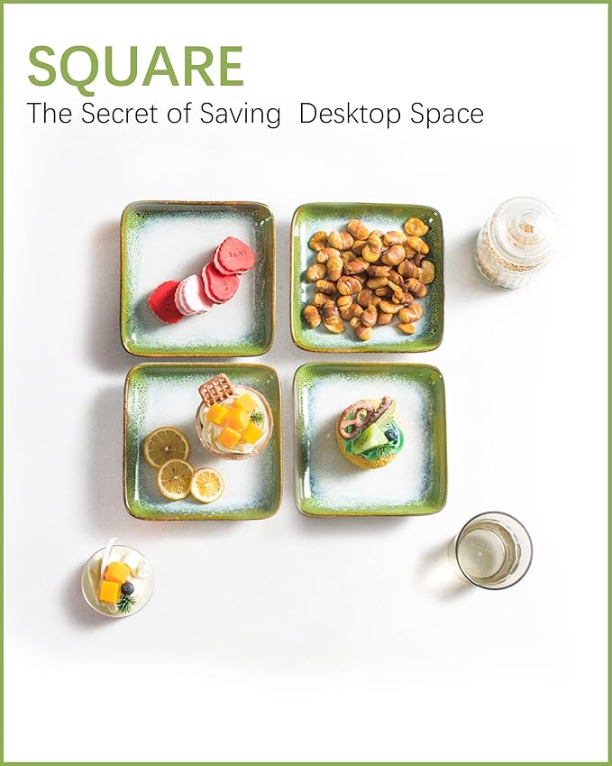 HENXFEN LEAD Small Ceramic Plates 6.3 Inch - Dessert, Appetizer, Snack Plate Set of 4 Scratch Resistant, Porcelain Serving Side Dish Microwave & Oven, Dishwasher Safe - Reactive Green