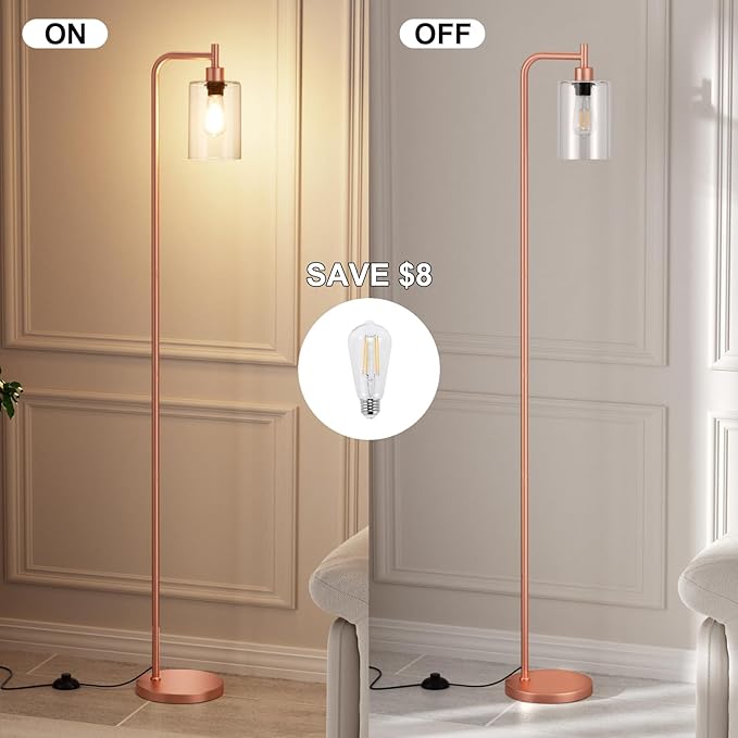 Floor Lamp with Clear Glass Shade - Industrial Standing Lamp with LED Bulb, Modern Tall Floor Lamps for Living Room Bedroom Office - Pink